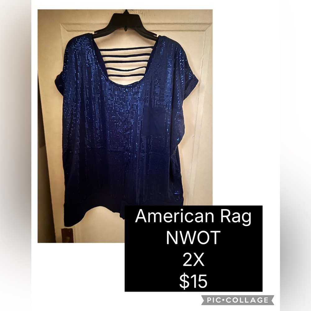 American Rag Short Sleeve Navy Sequin Tee